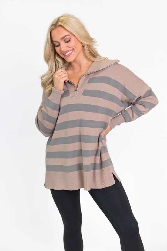 Style Your Wardrobe Pulling Heartstrings Taupe Striped Quarter Zip Pullover