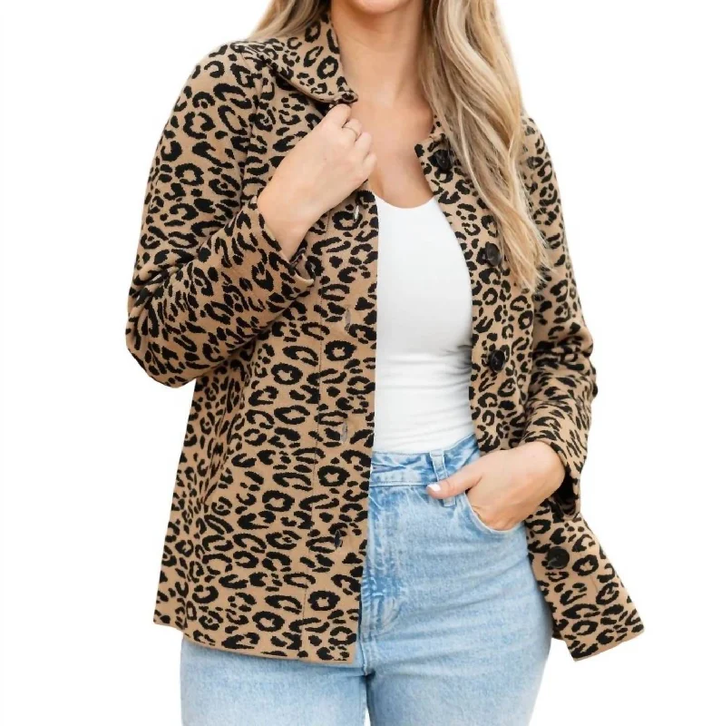 Trendy Women's Wear Collection Leopard Long Sleeve Knit Jacket In Brown