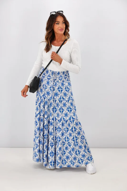 Seasonal Trends New U Collection Blue White Sun Print Maxi Skirt