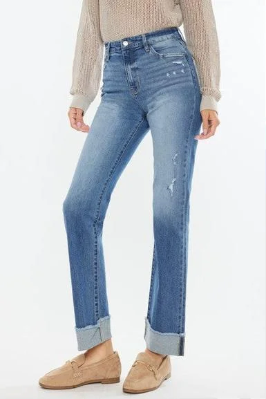 Shop Sale Items Kan Can High Rise Medium Wash Distress Cuffed Straight Jeans
