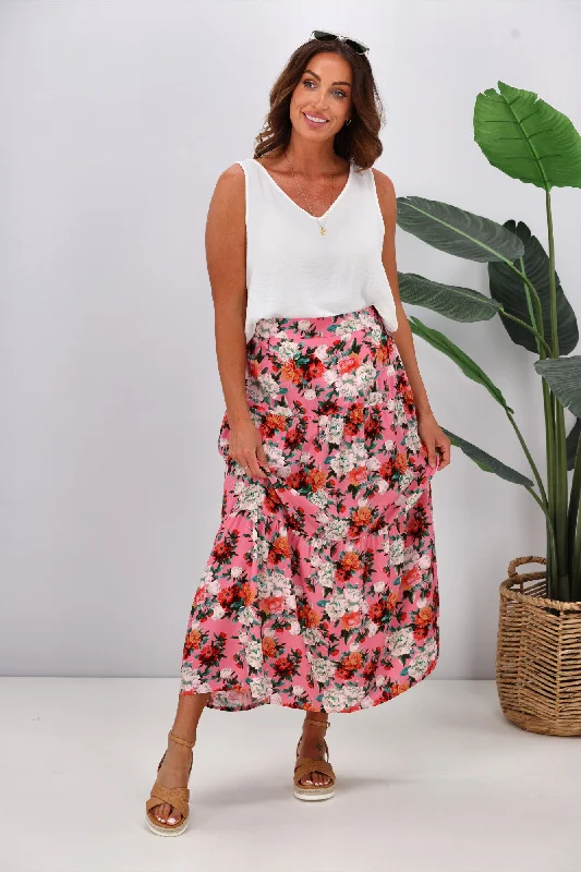 Romantic Date - Night Ensemble Gloss by Shine On Lucerne Tiered Maxi Skirt Pink Floral