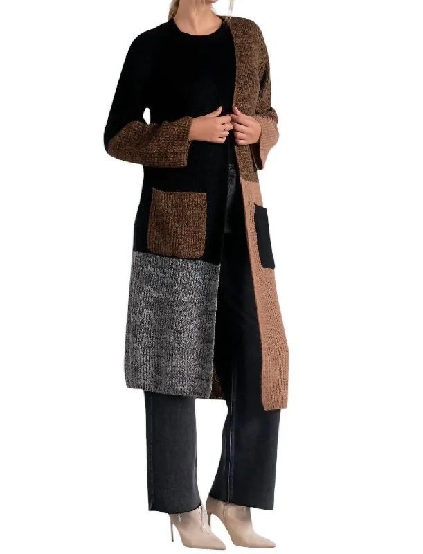 Limited Time Deal Long Colorblock Duster Sweater With Pockets In Black Color Block