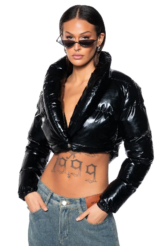 Polished Finish CROP PVC PUFFER COAT
