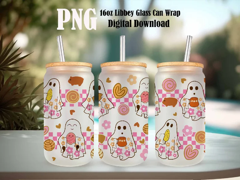 Special Drinkware Promotion Conchita Ghost Png, Spooky Conchas 16oz Libbey Glass Can Wrap, Mexican Pan Dulce Ghost PNG, Halloween Pan Dulce Glass Can Conchas Mexicanas