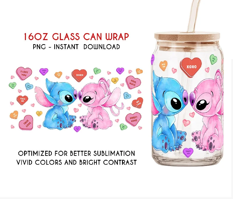 Seasonal Drinkware Sale Cartoon Valentine, 16oz Can Glass Wrap, Valentine Tumbler Wrap, Stitch Tumbler, Libbey Glass Wrap, Png Download, Valentine Png