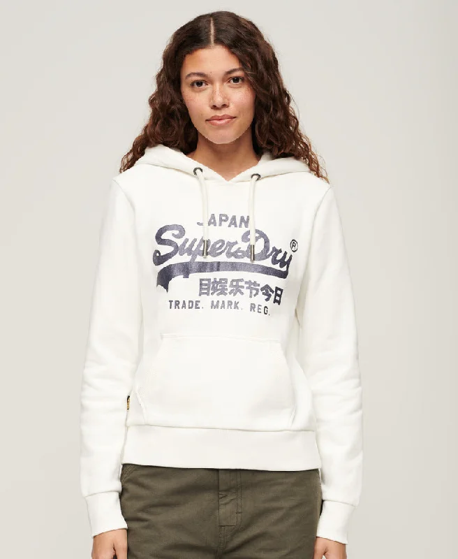 Relaxed Style Metallic Vintage Logo Graphic Hoodie | Ecru