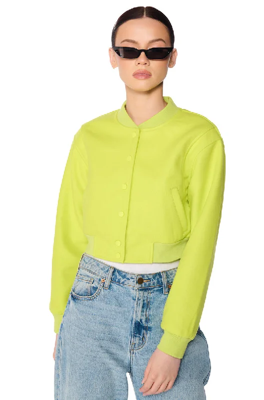 Hot Trends DAVIS EVERYDAY VARSITY BOMBER IN NEON GREEN