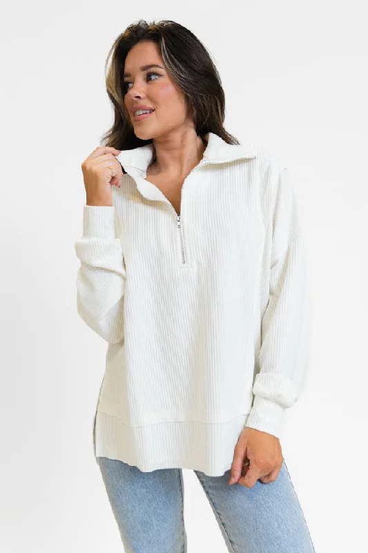 Effortless Everyday Wear Fireside Festivities Cream Ribbed Quarter Zip Pullover SALE