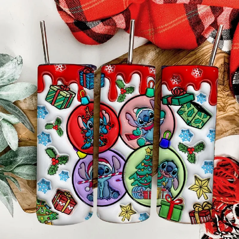 Drinkware Markdowns 3D Inflated Christmas Tumbler Wrap, Inflated Stitch Christmas Tumbler, Christmas Tumbler Png, 3D Tumbler Wrap, 20oz Skinny Tumbler Wrap