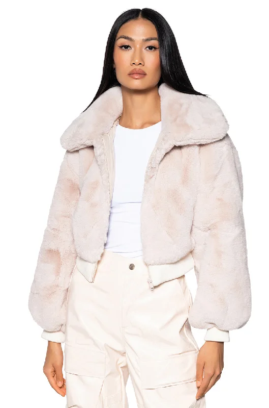 Evening Elegance DREW FAUX FUR BOMBER WITH RIB TRIM