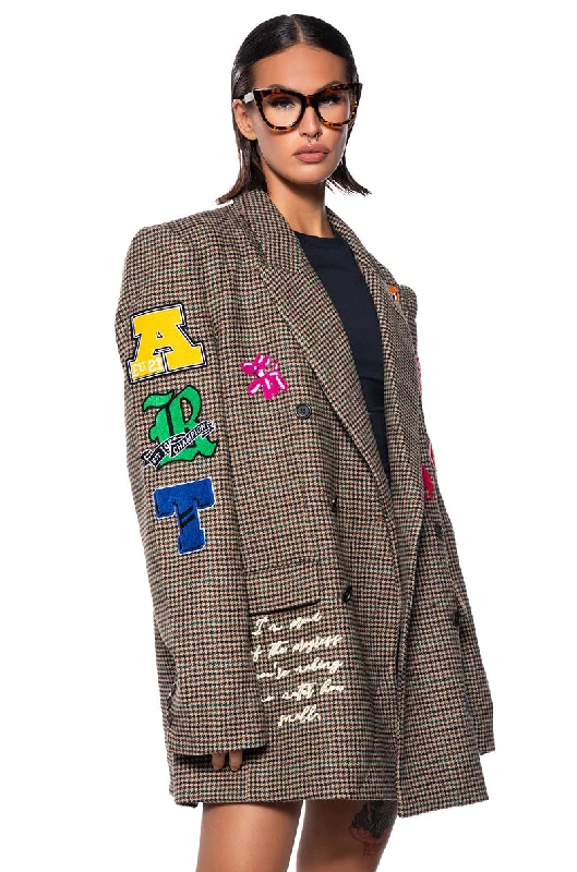 Trendy Fashion For Women FIRST ROW CASUAL WOOL PLAID BLAZER WITH PATCHES