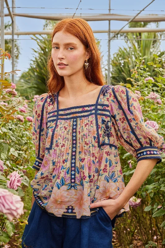 Fashion For Every Occasion Cream Superbloom Tapestry Puff Sleeve Blouse