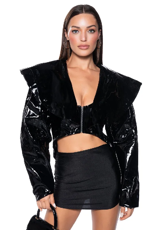 Redefining Women's Style GLOSSY CROP PATENT MOTO JACKET