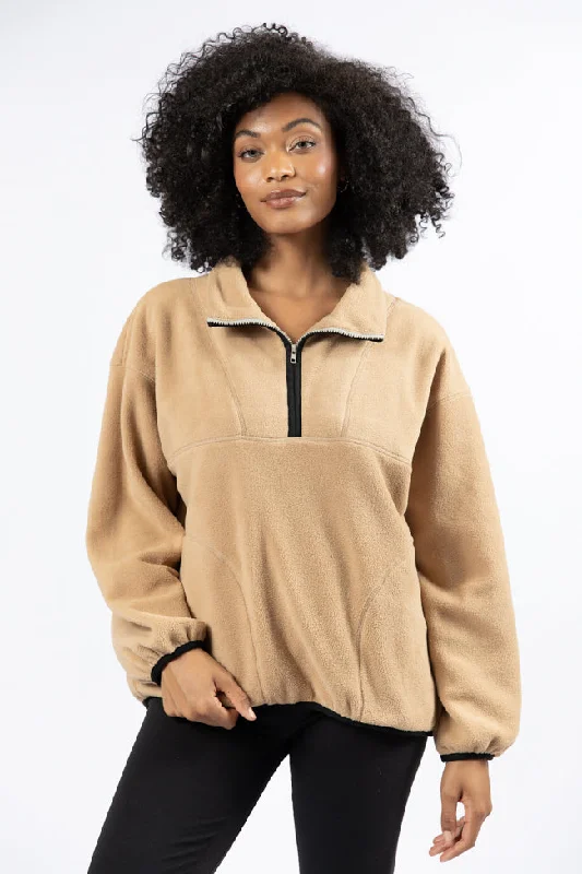 Trendy Threads Outside The Box Beige Contrast Trim Fleece Pullover SALE