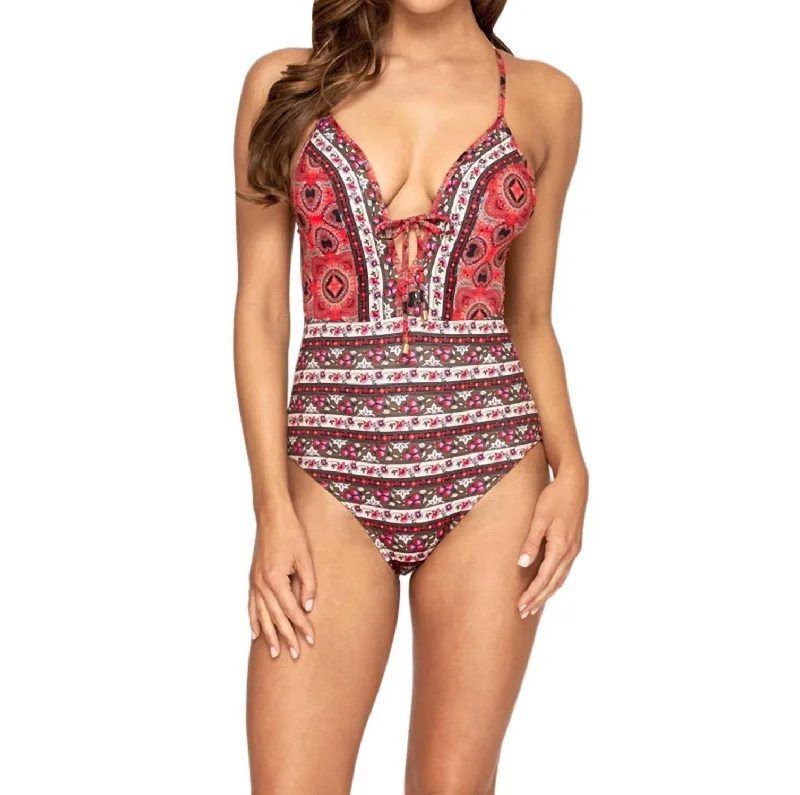 Dreamy Aesthetic Plunge V-Neck One Piece Swimsuit In Arabian Spice
