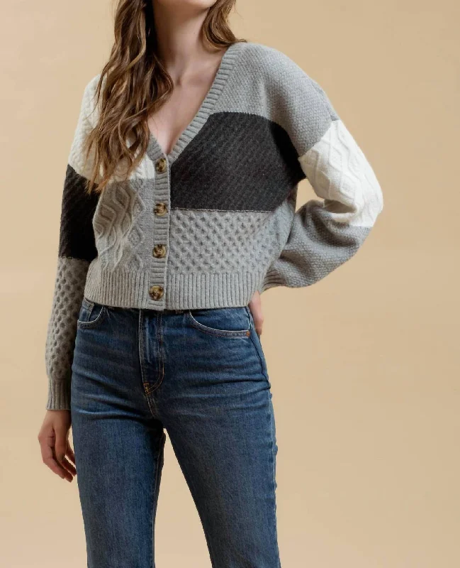 Trend Setting Wardrobe Patchwork Cable Knit Cardigan In Grey Multi