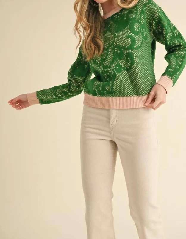 Weekend Exclusive Lace Knit Pattern Sweater In Green