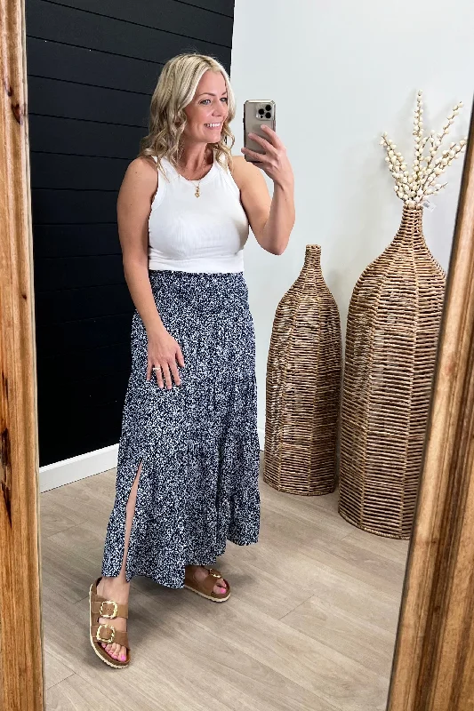 Stylish Savings Navy Floral Midi Side Slit Skirt