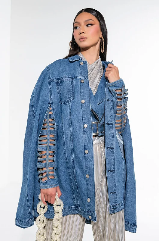 Trendy Urban Attire DON'T TALK LOUD DENIM TRENCH PONCHO