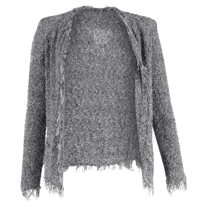 Stylish Looks Iro Long Sleeve Open Front Fringe-Trim Tweed Jacket in Grey Cotton