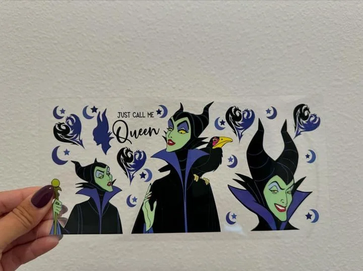 Premium Steel Tumblers Disney Maleficent Just Call Me Queen UV DTF Wrap Transfer 16oz | No Heat Needed | Waterproof | Permanent Adhesive