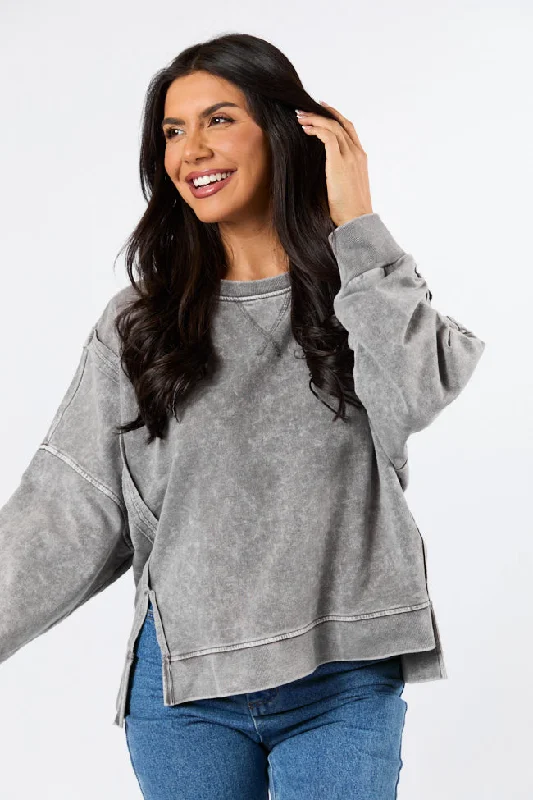 Break Fashion Norms Around Town Charcoal Acid Wash Knit Pullover