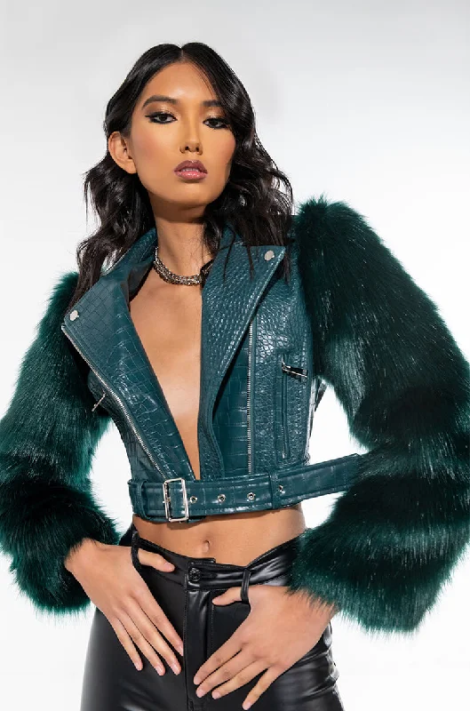 End Of Season Sale AZALEA WANG NOLLA FAUX FUR ARMS CROC MOTO JACKET