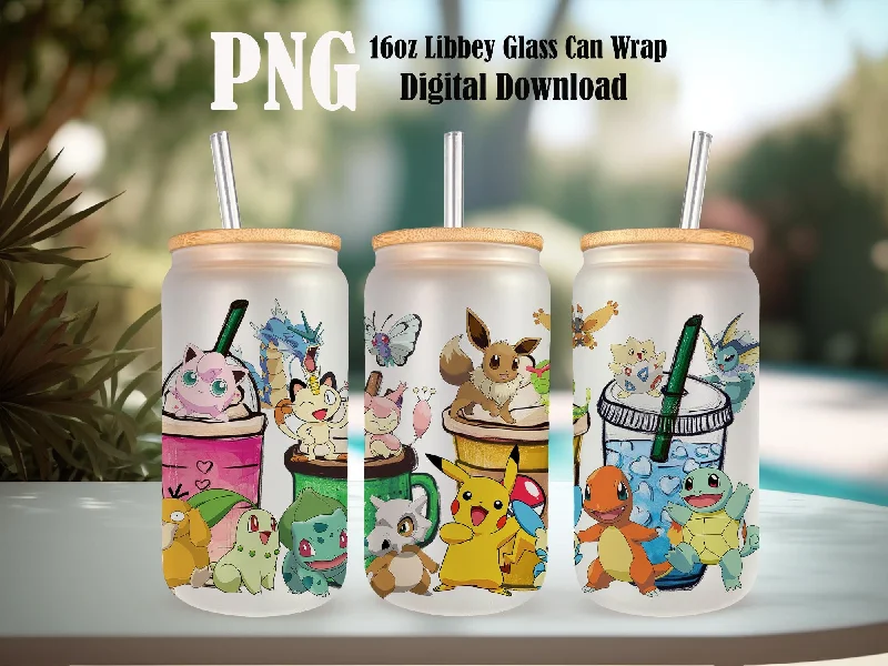 Drinkware Sale Event Cartoon Pokemon Tumbler PNG, 16oz Libbey Glass Can, Can Glass Wrap,Anime Cartoon Sublimation,Digital Game Tumbler, Kids Movie Tumbler