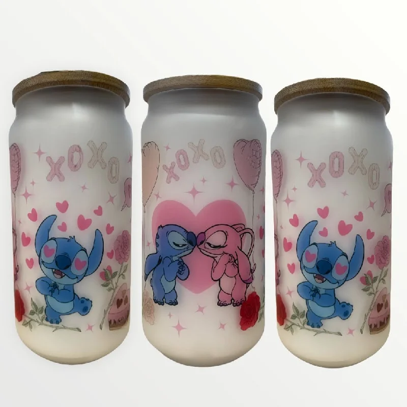 Promotional Drinkware Stitch and Angel Valentine 18oz Frosted Glass Tumbler With Bamboo Lid Optional Personalisation Promotional Drinkware Stitch and Angel Valentine 18oz Frosted Glass Tumbler With Bamboo Lid Optional Personalisation