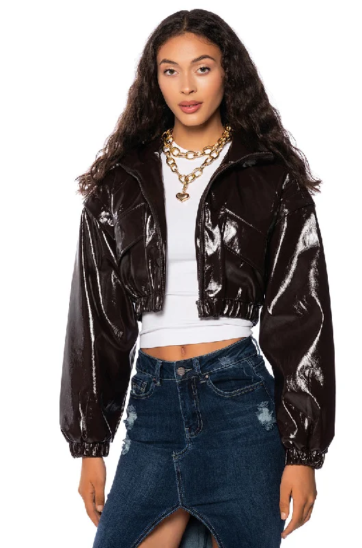 Fashion Sale PATENT BROWN CROP BOMBER JACKET