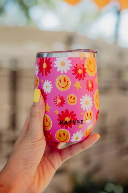 Clearance Sale, All Cheap Red Flower Happy Face Stemless WINE TUMBLER Cup