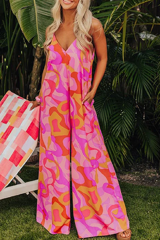Winter Warm - Up Sale Pink Boho Abstract Print V Neck Wide Leg Jumpsuit