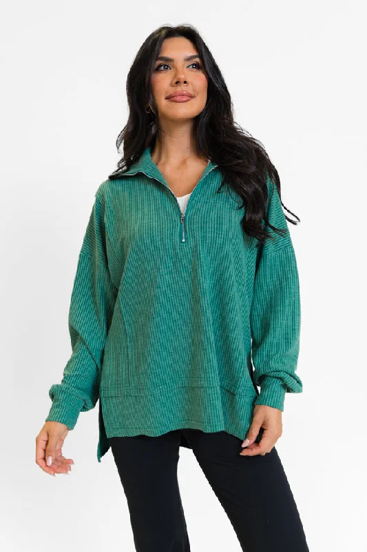 Comfort First Women's Wear Fireside Festivities Green Ribbed Quarter Zip Pullover SALE