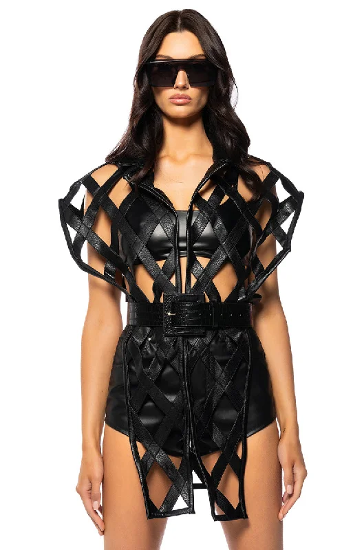 Break Fashion Norms CAGED PU MOTO VEST WITH FRONT DRAPE