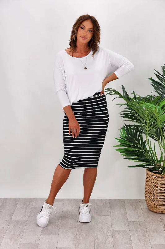 Fashion Forward Style Betty Basics Alicia Midi Skirt Black/White Stripe