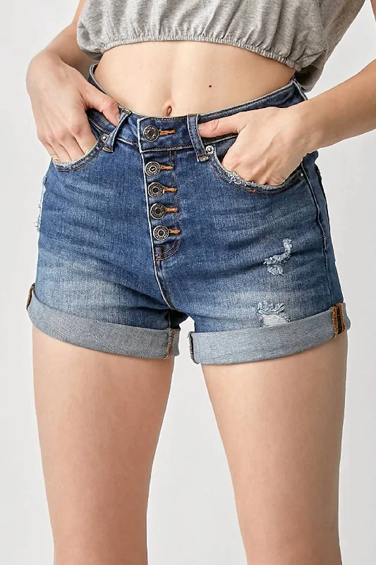 Disco - Inspired Retro Dance Look High Rise Button Fly Roll Up Shorts In Dark