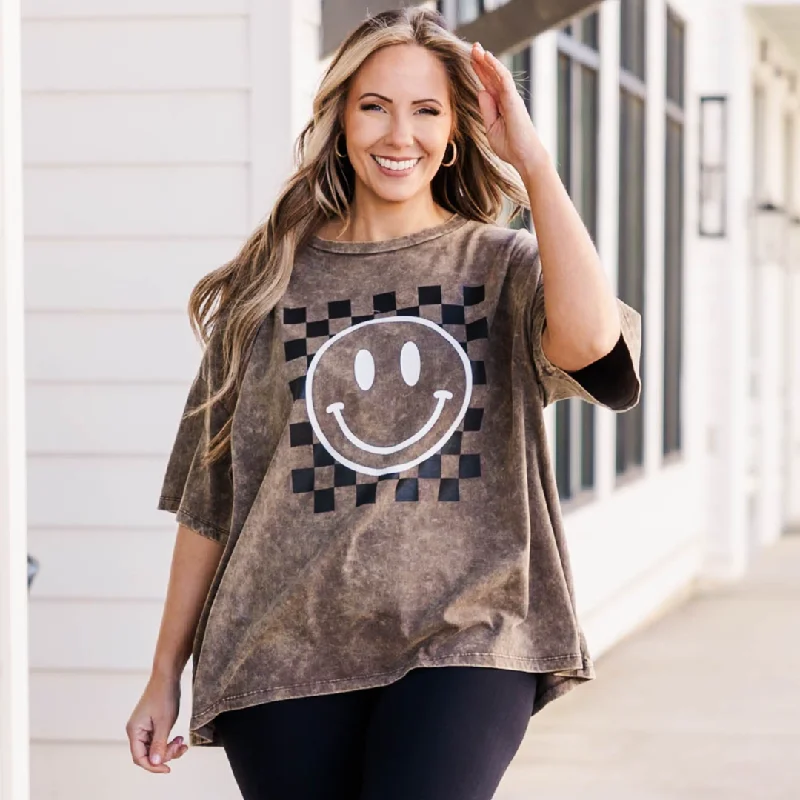 Clearance Event Only Smiles Acid Wash Boyfriend Tee, Rust Brown