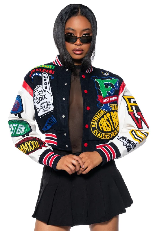 Elegant Attire FIRST ROW COLLEGE DROPOUT PATCH BOMBER
