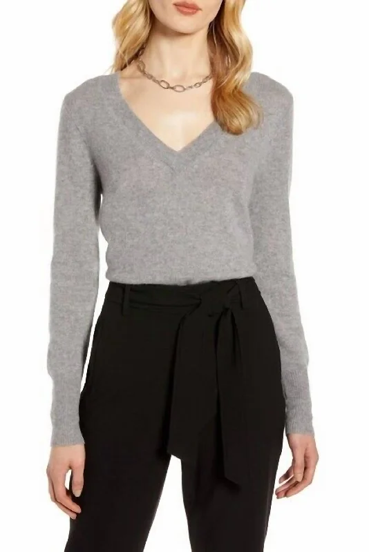 Gorgeous Glamour Collection Heather Classic V-Neck Side Slit High Low Sweater In Gray