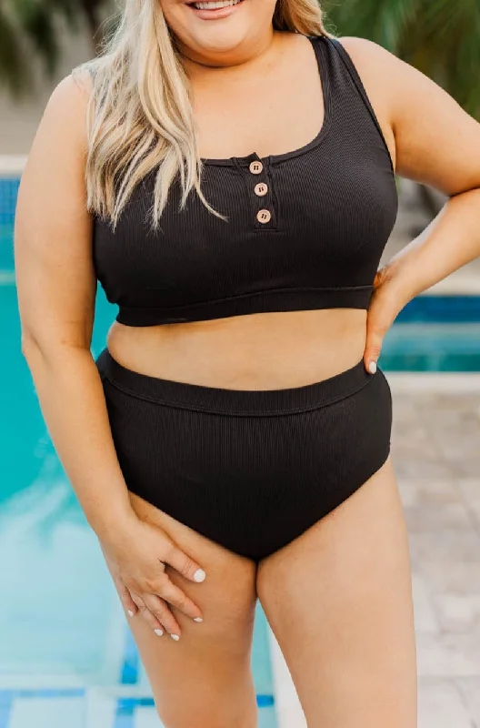 Feminine Flow Sandy Shores Ribbed Knit Swim Bottoms- Black