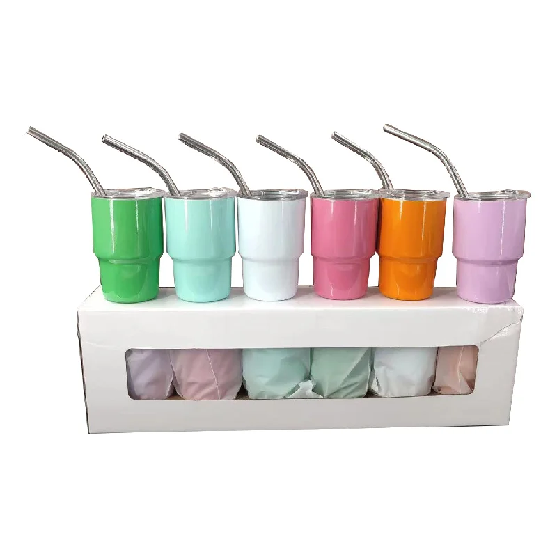 Stainless Steel Mugs 2 oz Case (6/50 Units) Sublimation Mini Car Cup Color Curved Double Wall Insulation with Straw