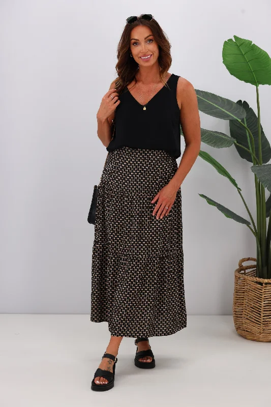 Casual Weekend Relaxed Style Gloss by Shine On Lucerne Tiered Maxi Skirt Black Natural Geo