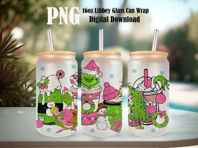 Promotional Tumblers Cartoon Pink Christmas Tumbler Wrap, 16oz Can Glass Wrap, Merry Christmas Can Glass, Libbey Can Glass, Christmas Vibes, Pink Grinchmas Wrap