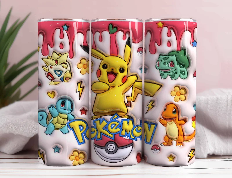 Limited-Time Drinkware Discounts Inflated 3D Cartoon Pokemon Tumbler PNG, Anime Cartoon Sublimation, 3D Digital Game Tumbler, 3D Kids Movie 20oz Tumbler Wrap