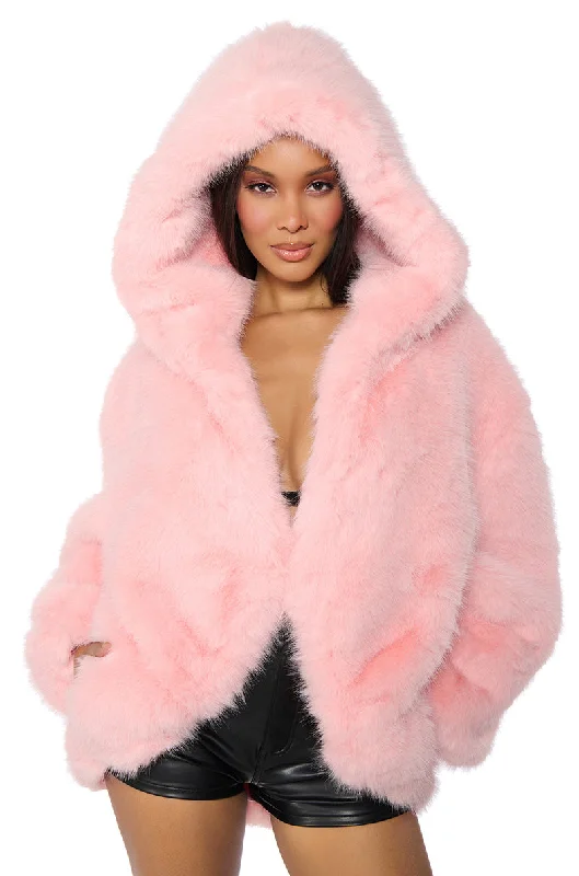 Seasonal Fashion LANA HOODED FAUX FUR COAT IN PINK