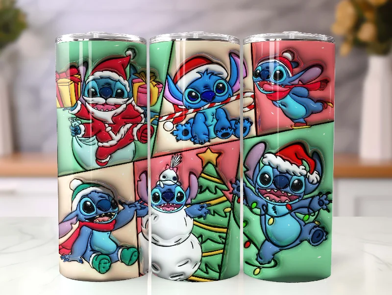 Drinkware Clearance 3D Inflated Stitch Christmas Tumbler Wrap,Stitch Cartoon Christmas, 3D Tumbler Wrap, 20oz Skinny Tumbler Wrap