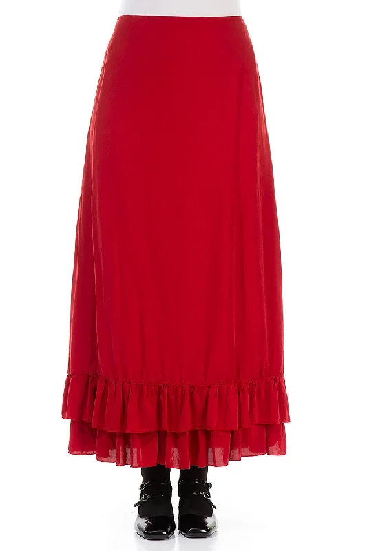 Cottagecore Rustic Charm Style Layered Back Red Silk Bamboo Skirt