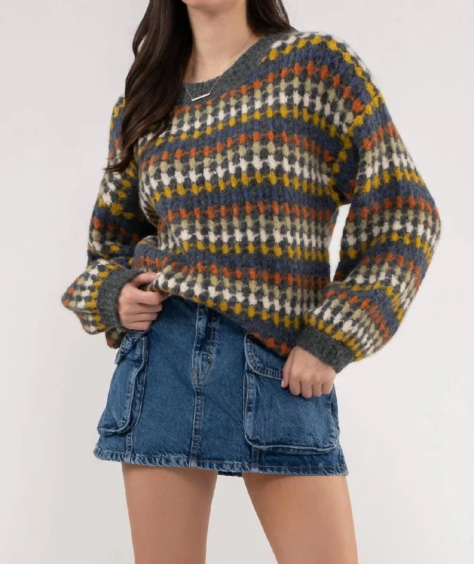 Unleash Your Trendy Side Multicolor Crew Knit Sweater -Plus In Charcoal Multi