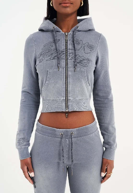 Trendy Women's Wear Womens Watchingfly Cropped Zip Thru Hoodie - Washed Grey