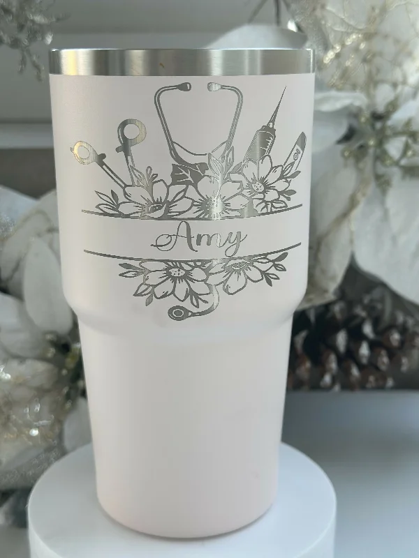 Decorative Glassware Nurse Floral Tumbler | 20 oz Stanley | Laser Engraved